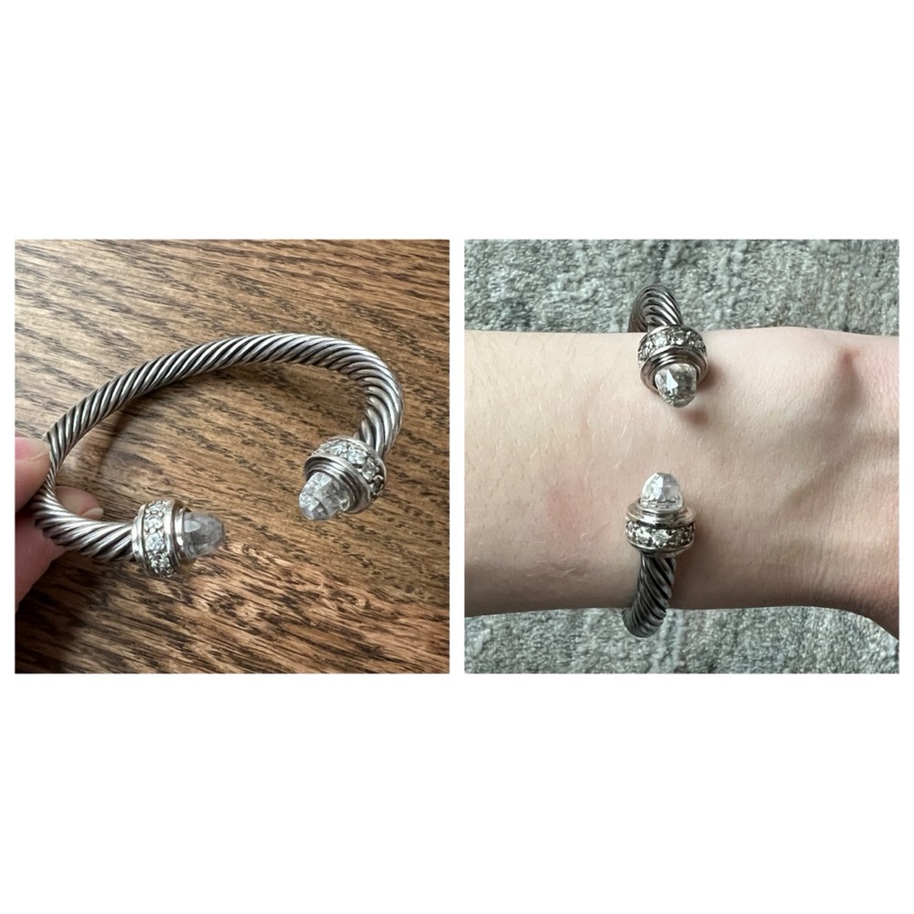Twist Cable CZ Diamond Clear Quartz Cuff Bangle Bracelet Silver